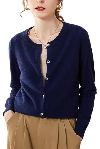 DISSA Gilet Cachemire Femme Col Rond Épaules Tombantes,Bleu Marine,38