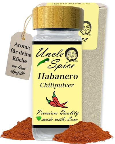 UNCLE SPICE® Habanero Chilipulver - 55g Habanero-Chili echte RED SAVINA im edlen Gewürzglas - Chilischoten gemahlen - Habanero Chilipulver im Streuer, Chili-Gewürzpulver - Achtung SCHARF