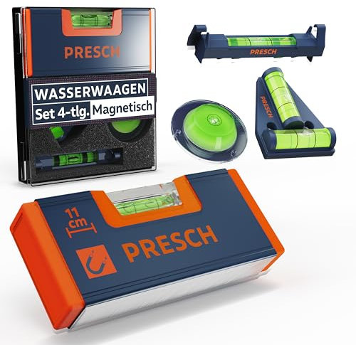 Presch Mini Level Set - 4pcs. All-Round Set with Mini, T-, Bullseye Spirit and line Levels - Reinforced Magnet for Maximum Adhesion - Shatterproof Acrylic Glass