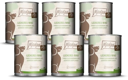 MjAMjAM - Comida húmeda Premium para Perros - Puro Placer cárnico - Deliciosa Carne de Vacuno Pura, Pack de 6 (6 x 800 g), sin Cereales con Extra de Carne