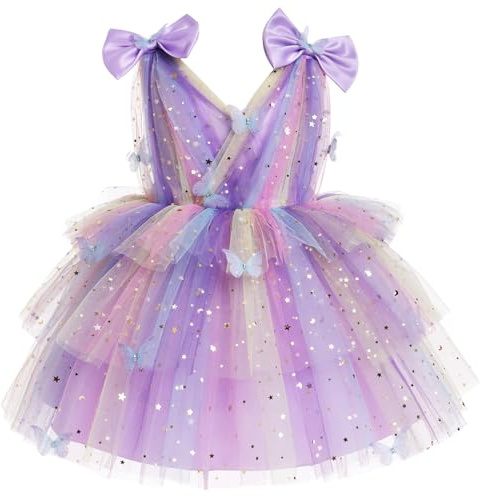 IMEKIS Vestito da bambina a forma di farfalla, senza maniche, con scollo a V, in tulle, tutù principessa, arcobaleno, volant, abito da festa, Lilla, 3-4 Anni