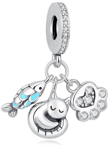 Nbsameng S925 pendentif en argent sterling pour bracelets et colliers Pandora, un cadeau de fête pour les femmes, les filles, Chat et Poisson