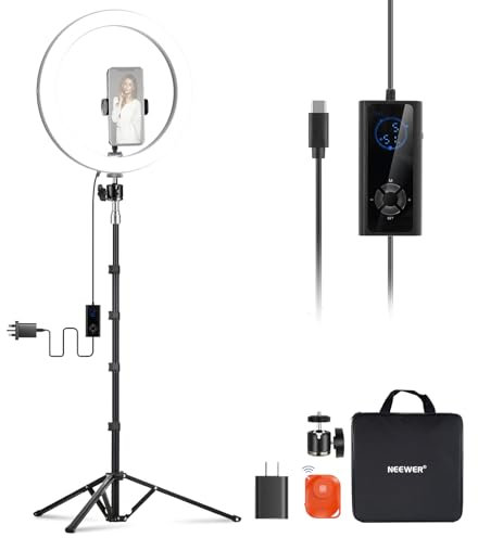 NEEWER 12 24W High Power LED Ring Light with 71 Tripod Stand Phone Holder Compatible with iPhone for Video Recording Makeup Selfie Studio Streaming TikTok, Bi Color Ringlight Lighting, RH12B