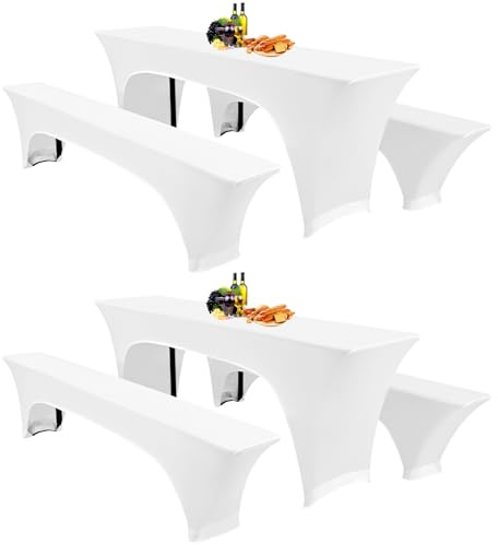 Showgeous 3 Stück weiße Biertischhussen Stretch-Biertisch- und Hockerhussen-Set für 50 cm Tischbreite Bierzelt-Set 220 x 50 x 80 cm für Bankett-Gartenmöbel im Freien (6er-Pack)