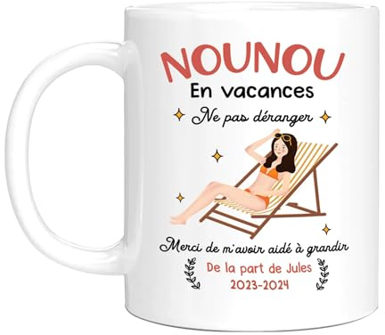 HALUMI Mug | Tasse à café personnalisée - Nounou En Vacances - Idée cadeau original unique pour nounou - Nom/Texte personnalisé - 440 ml