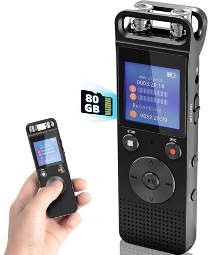Hinne 80G Digitale Diktiergeräte, Aufnahmerät mit Surround, Mikrofon Voice Recorder 3072 Kbps HD-Aufnahme, 1000 Stunden Audio Recorder Mobile Rekorder mit Passwort für Unterricht, Meetings