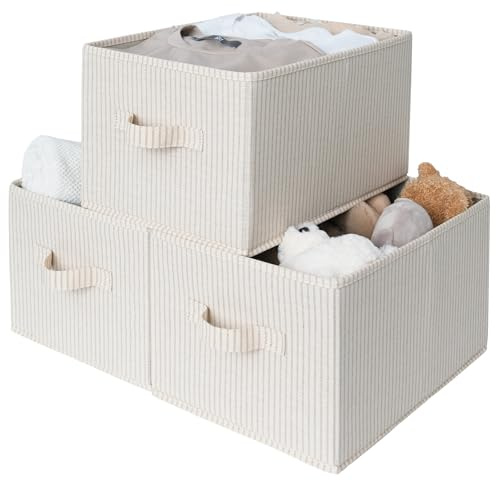 StorageWorks große Stoff Aufbewahrungsbox, rechteckige Schrank Boxen Aufbewahrung mit Griffen, faltbare Schrank Aufbewahrungsboxen für Hauswirtschaftsraum, beige gestreift, 3 Stück