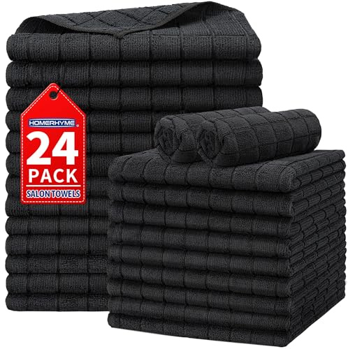 HOMERHYME Salon Towels, 24 Pack Black Hand Towels for Bathroom, 16 x 27 Inches Bulk Quick Dry Absorbent Microfiber Hair Towel, Bathroom Towels for Gym Spa Barber Pedicure Makeup & Beauty