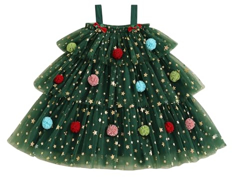 Abito da Principessa per Bambina, Stile Tutu, con Paillette a Stella, a Strati di Tulle, per Natale, Albero di Natale, Compleanno, Feste, Cake Smash, Fotografia, a verde, 3-4 Anni