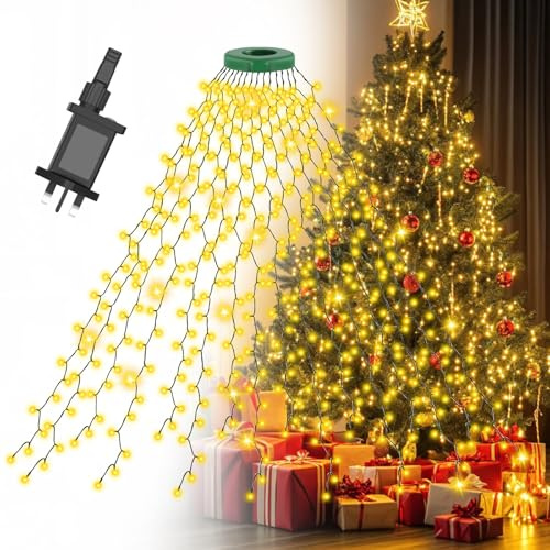 Gcstnn 10FT Christmas Tree Lights,3M x 16Lines 592 LEDs Fairy Lights Mains Powered with 8 Lighting Modes& Memory& Timer& Waterproof String Lights for 5-12FT Christmas Tree Decorations-Warm White