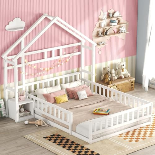 ZJBFXY88 140 x 200cm Kinderbetten, Flachbetten, Hausbetten mit Geländer, Kinderbetten mit Nachttischen, Weiß