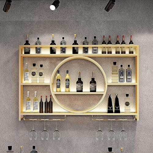 Modernes industrielles Weinregal zur Wandmontage mit Glashalter, stilvolles Metallregal für Zuhause, Restaurant und Bars, hängendes Flaschenregal für Weingläser, Gold (100 x 15 x 80 cm)