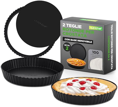 Nutrichef 2 moldes de tarta desmontables para repostería, Ideales para quiche y bizcochos, De 23 cm, Acero al carbono antiadherente con distribución uniforme del calor, Incluye 100 papeles pergamino