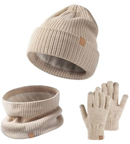 SSKHE Ensemble 3 pièces bonnet, écharpe et gants d'hiver pour enfants - Bonnet tricoté thermique et tactile - Cache-cou - Gants doublés en polaire souple pour enfants de 5 à 12 ans - Sports