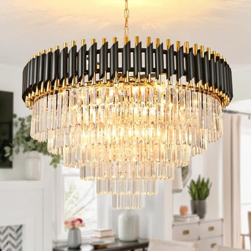 AOOCHOK Black and Gold Crystal Chandelier Pendant Light, Round Modern Crystal Chandelier for Dining Room, Living Room, Bedroom, Restaurant, E14 x 12, Φ80cm