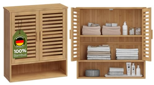 Bellamio Newa Hängeschrank – Wandschrank mit 3 Fächern & 2 Türen – Badschrank Bambus lackiert – Badezimmerschrank hängend – Regal Wandmontage – Wandregal/Holzregal 65x59x21cm – Bambusregal – Badmöbel