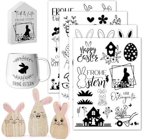 Rub On Sticker Ostern, 4pcs Rub On Sticker Ostereier Osterhasen Blumen, Transferaufkleber Selbstklebend Frohe Ostern Frühling für Glas Holz Möbel Keramik