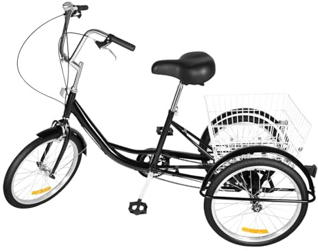 20 tums trehjuling för vuxna 8-växlad tricycle för vuxna och seniorer 110 kg total lastkapacitet med bromsok och trumbroms 3-hjuls cykel med korg PC-pedaler, stänkskärmar