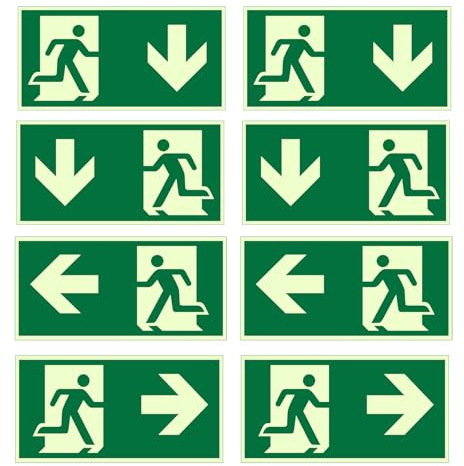 8 Stück Notausgangsschild, 300X150mm, mit Pfeilen nach unten, links und rechts, PVC Selbstklebend Schild Notausgang, Extra Langnachleuchtend, Fluchtwegschild Rettungsweg, für verschiedene Gebäude