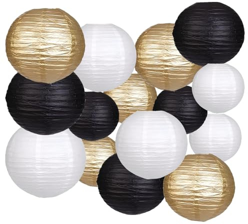 Pyuyan 15 Piezas Linterna de Papel Redonda, Linternas de Papel Colgantes, Faroles de Papel Negro Dorado Blanco, para Bodas, Cumpleaños, Decoraciones de Fiestas de Jardín