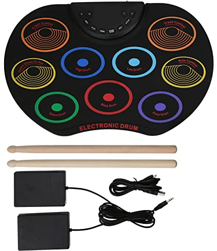 FAUOSWUK Almohadilla de Batería Electrónica, Batería de Silicona Portátil de 9 Almohadillas con 1 Caja, 1 Bombo, 3 Platillos, 1 Bombo para Práctica de Batería para Adultos Principiantes (Color del