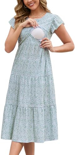 GINKANA Women Nursing Dress Flutter Sleeve Midi Dress Crew Neck Nursing Friendly Dresses Loose Flowy Maternity Beach Dress