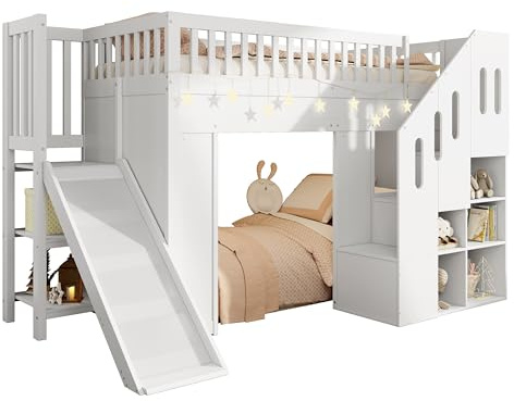 Loft Bunk Bed Frame Slide Playhouse Castle Design Guardrail Safety Rails Corner Staircase Cabinet Cubby Drawers Under-Ramp Compartment App-Control RGB LED Strip Adjustable Brightness (White,Single)