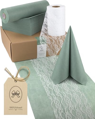 100%Mosel Tischdeko-Set – Eukalyptus Grün und Weiß (25–50 Gäste) | Tischläufer aus Vlies und Spitze mit Airlaid Servietten – praktisches Komplettset für Hochzeit, Taufe und Kommunion