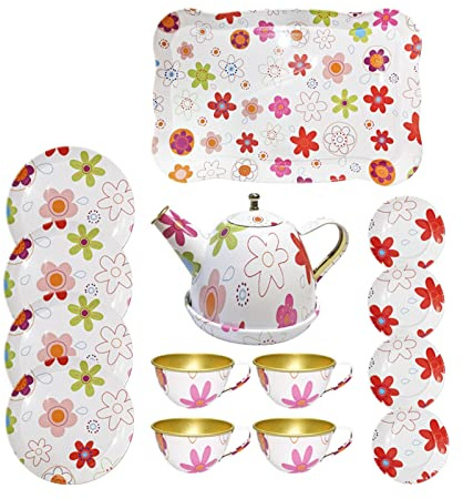 OSNIYAW Teeset für kleine Mädchen, Party, Spielzeug, Nachmittags-Spielset, Metall-Küchengeschirr, Zubehör, Tablett, Topf, Tassen, Geschirr