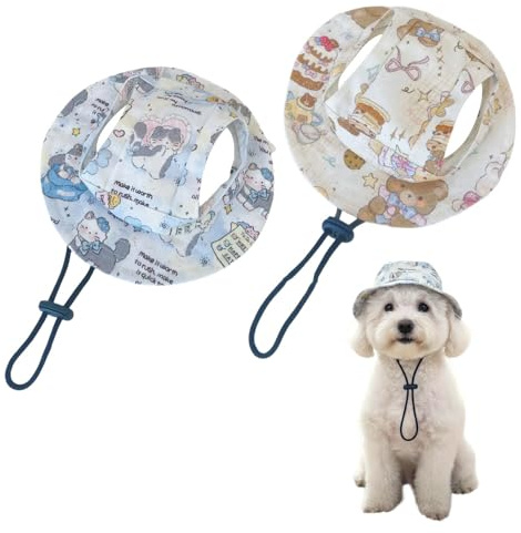 Hunde Sonnenhut, 2 Stück Fischerhut für Katzen und Kleine Hunde, Mit Ohrenöffnung und Verstellbarem Kinnriemen, Atmungsaktives Sommer Sonnenschutz Mütze für Haustiere