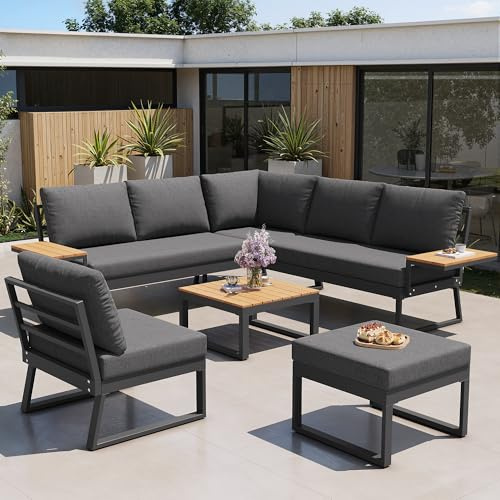ZIDEY L-Form Gartenmöbel Set mit Holzarmlehnen, Wetterfeste Loungesofa/Inkl. Holztisch, Sessel & Hocker 7-Personen Gartenlounge, Loungemöbel,Grau