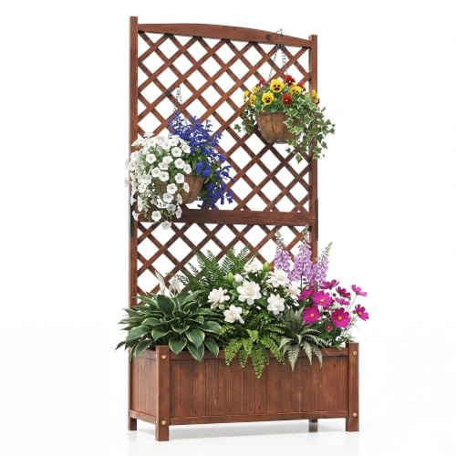 HOMASIS Fioriera con Grigliato per Piante Rampicanti, Vaso Rettangolare in Legno, Fioriera con Spalliera da Esterno, Balcone, Giardino, Cortile, 90 x 44,5 x 180,5 cm (Marrone)