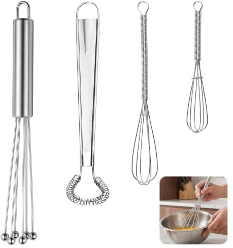 Lot de 4 Petit Fouet Cuisine, Mini Fouets En Acier Inoxydable Avec Anneau | pour Cuisine Accessoires Mélanger Fouetter Battre Faire Mousser et Remuer