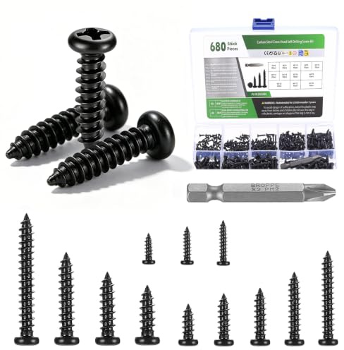 Lot de 680 vis autotaraudeuses en métal, M2, M3, M4 - Vis à bois autoperceuses à tête ronde en croix pour réparation de métal, plastique, bois (noir)
