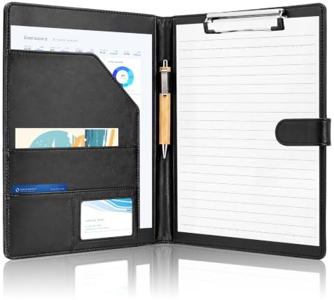 Schreibmappe A4 Klemmbrettmappe A4 Schwarz Klemmbrett A4 mit Deckel | Klemmbrett Mappe mit Dokumentenfächern Stifthalter Schreibblock Magnetverschluss für Büro Konferenzen