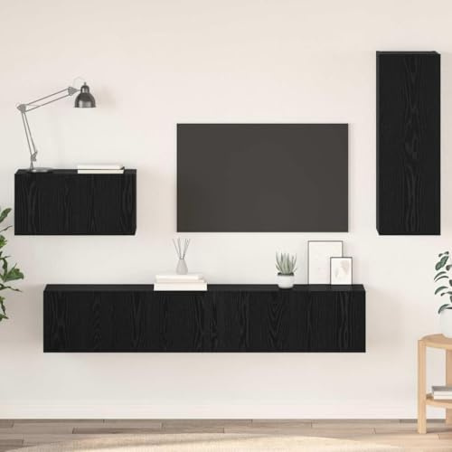 Boltkex Vägg-TV-skåp, set om 4, svart ekutseende av trämaterial, 160 x 30 x 30 cm, med gångjärnsdörr och brädhyllor, mediemöbler för vardagsrum och hemmabio