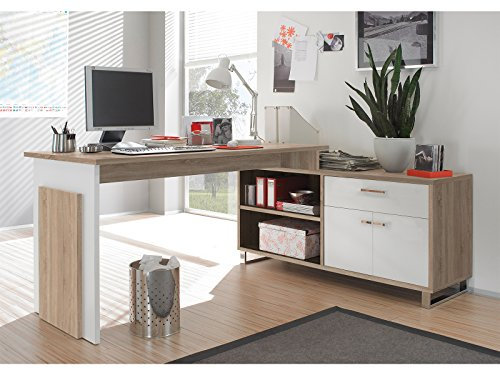 möbelando Winkelschreibtisch Schreibtisch Büroschreibtisch Eckschreibtisch Margate I Sonoma-Eiche/Weiß