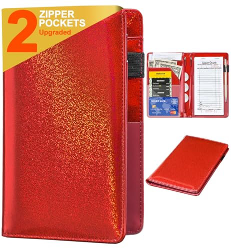 Kellnerbücher für Kellnerin – Glitzer-Leder-Kellnerbuch-Geldbörse mit Reißverschlusstasche, niedliches Kellnerbuch und Kellner-Buch mit Geldfach, passend für Server-Schürze (Glitzer rot)