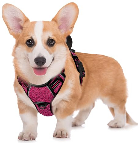 BARKBAY Hund Brustgeschirr, kein Ziehen, groß, reflektierend, mit Frontclip und einfachem Griff für Spaziergänge, Training, Laufen mit ID-Tag-Tasche (rosa/schwarz, M)