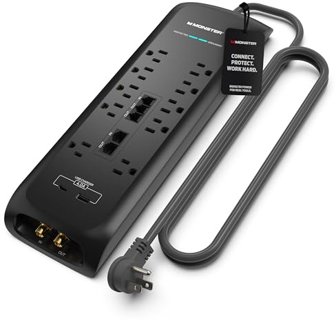 Monster Power Surge Protector w/ 4050 Joule Rating — Heavy Duty 6 FT Surge Protector Power Strip w/ 10 Outlets, 2 USB, 2 Coax, 2 Ethernet Ports — Fireproof MOV, Dual Mode, Clean Tech (Black)