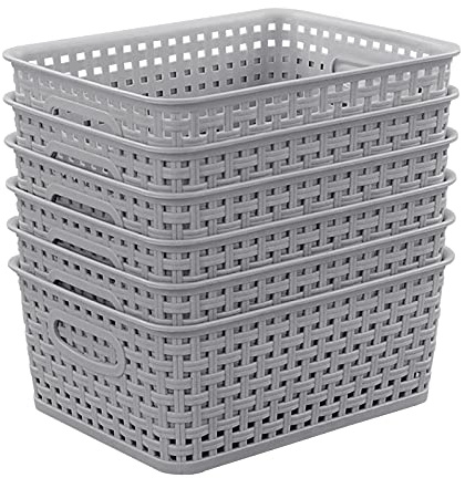 Easymanie Plastic Weave Storage Basket Box, Silver Grey, Pack of 6