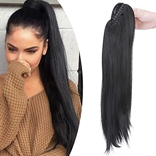 22(55cm) SEGO Coleta Postiza con Pinza Pelo Sintético Se Ve Natural [Negro Intenso] Extensiones de Cabello Clip Cola Lisa con Poca Onda en Las Puntas Ponytail (155g)