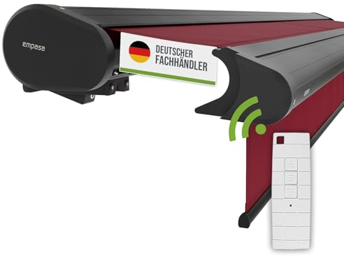 empasa Elektrische Vollkassettenmarkise 'Premium' Kassettenmarkise | Gelenkarmmarkise Markise Sonnenschutz mit manuell ausfahrbarem Volant, komplett vormontiert, Farbe:weinrot, Größe:4 x 3 m