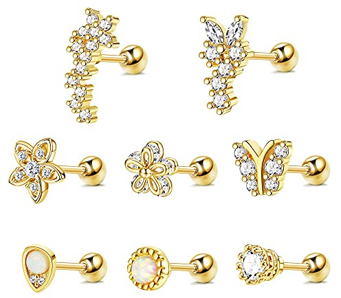 Kakonia 8 Stück Piercing Ohr für Frauen Ohrringe Ohrstecker Gold Helix Piercings Chirurgenstahl Zirkonia Blume 16G Tragus Piercing Set