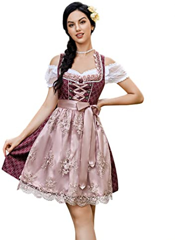 KOJOOIN Traditionell klänning, kort Dirndl för damer, midi, för Oktoberfest i 3 delar: klänning, blus och förkläde, 40
