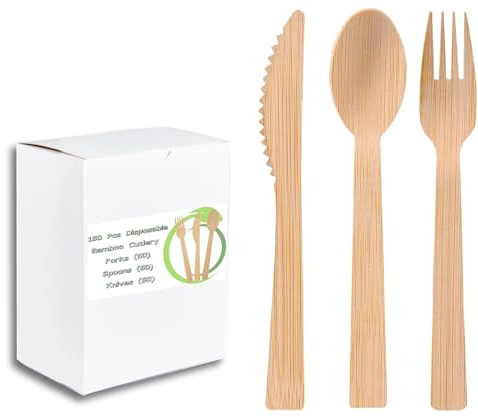 Lot de 150 couverts en bambou (3 x 50 pièces) | Cuillère, fourchette, couteau jetables en bois, respectueux de l'environnement, pique-nique, barbecue, fête, événement, camping, voyage | Biodégradable