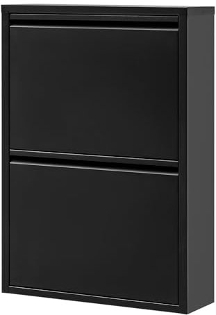 Alveon Schuhschrank Schmal Schuhregal Metall Schuhkipper mit Magnet Klappen Schuhablage Montiert und Wandmontage (Schwarz, 2 Klappen)