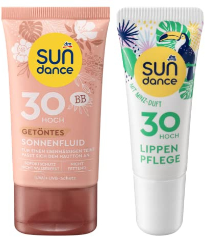 Sundance 2er-Set Sonnenschutz: Sonnenfluid getönt LSF 30 passt sich dem Hautton an für einen ebenmäßigen Teint (50 ml) + Lippenpflege Minze LSF 30 (10 ml), 60 ml