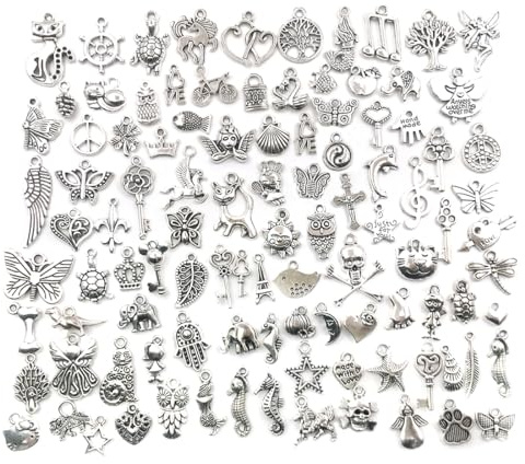 PLABBDPL Schmuck Anhänger set, 100pcs Gemischte Charms Silber, Schmuckanhänger zum Basteln,Ohrringe Selber Machen Perlen, Armband , ,Diy Mädchen