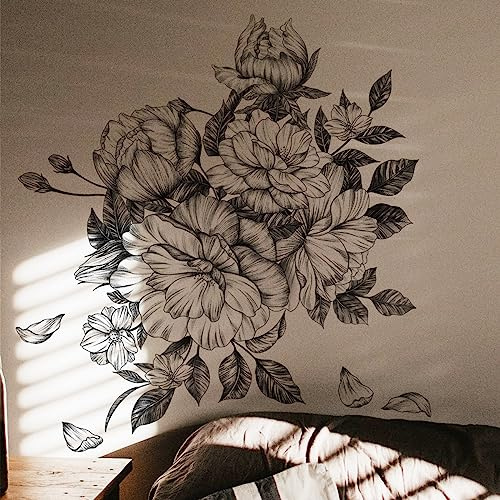 Runtoo Wandtattoo Blumen Schwarz Wandsticker Groß Pfingstrosen Blüten Wandaufkleber Wohnzimmer Schlafzimmer Kinderzimmer Babyzimmer Wanddeko